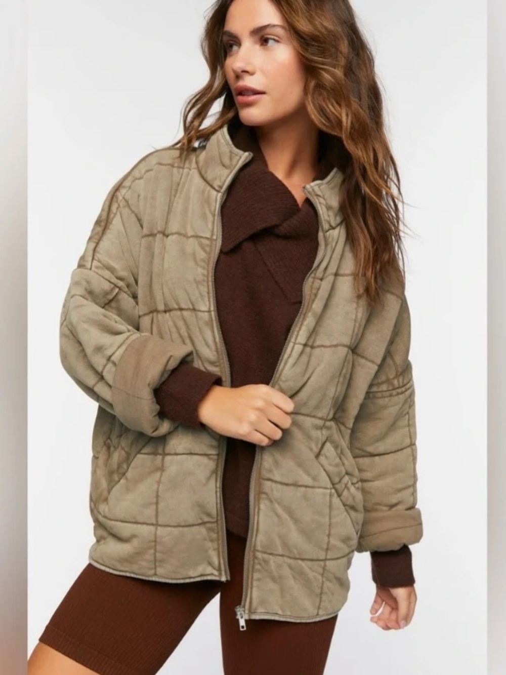 Forever 21 quilted zip up oversized jacket free people dolman style